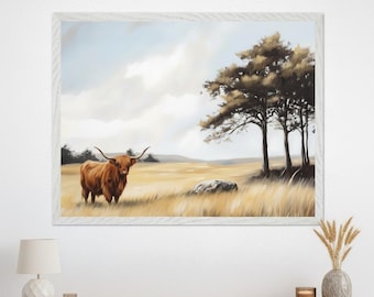 Highland Cow Rustic Farmhouse Wall Art, Scottish Cattle Field Art, Country Home Decor Digital Print, Shaggy Cow Landscape Illustration