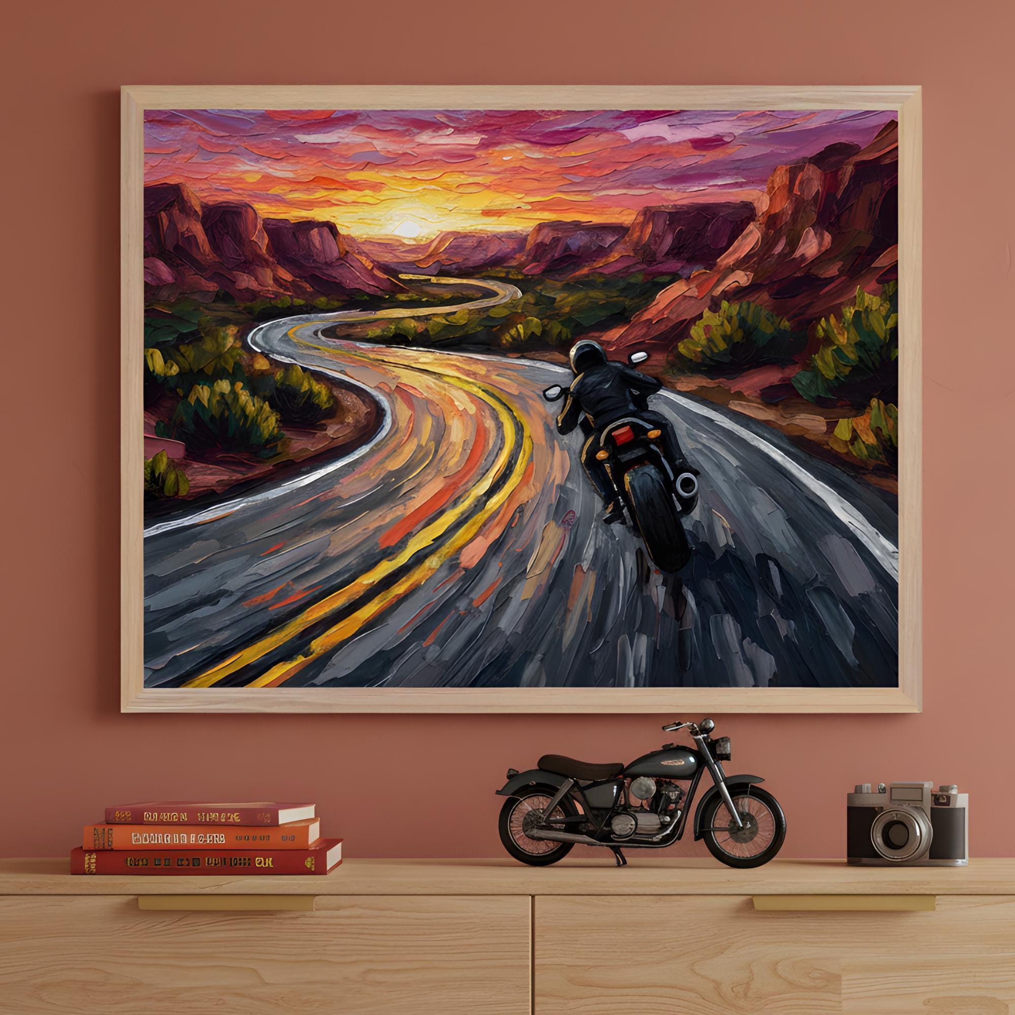Motorcycle Rider Impasto Style Wall Art, Desert Sunset Landscape