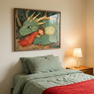 Nursery Wall Art of Dragon and Child, Kids Room Decor, Fantasy Forest Storybook Print, Mythical Creature Art image 6