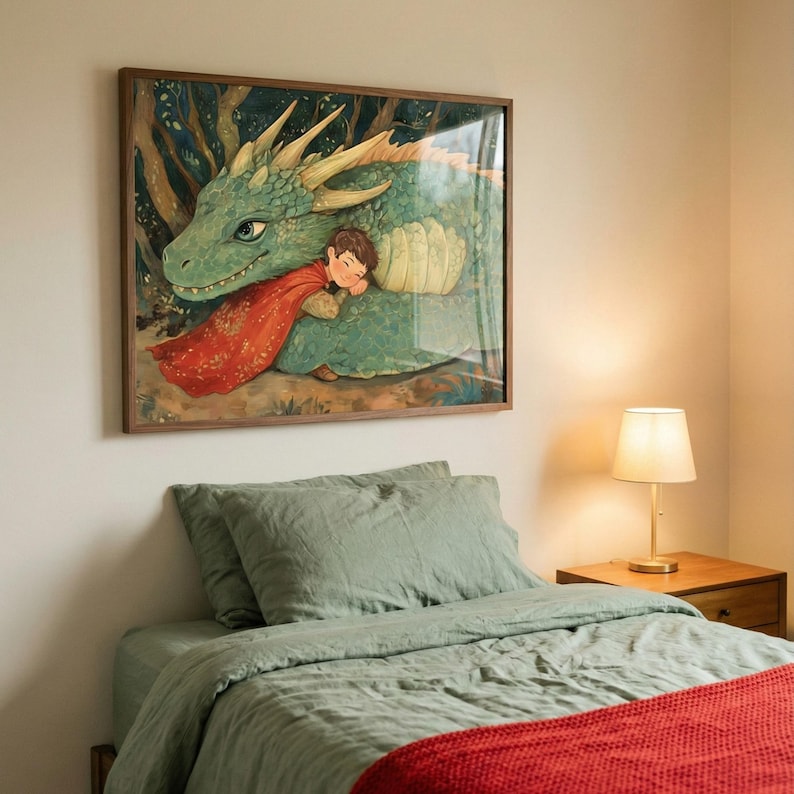 Nursery Wall Art of Dragon and Child, Kids Room Decor, Fantasy Forest Storybook Print, Mythical Creature Art image 6