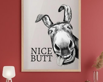 Smiling Donkey Charcoal Sketch Style Wall Art, Funny Bathroom Humor Print, Nice Butt Donkey Illustration, Whimsical Farm Animal Decor