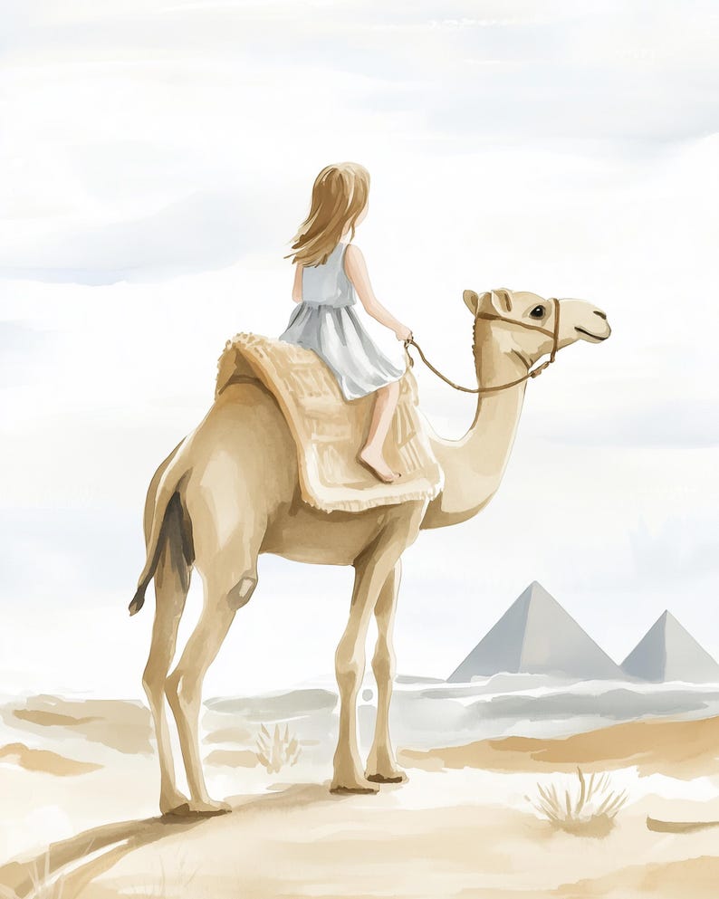 Camel Rider Watercolor Style Wall Art, Egyptian Nursery Decor, Girl on ...