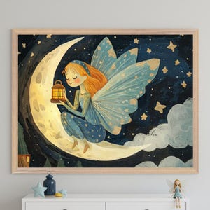 Fairy On A Moon Whimsical Wall Art, Enchanted Nursery Decor, Celestial Sprite Illustration, Magical Night Sky Print, Cottagecore Decor