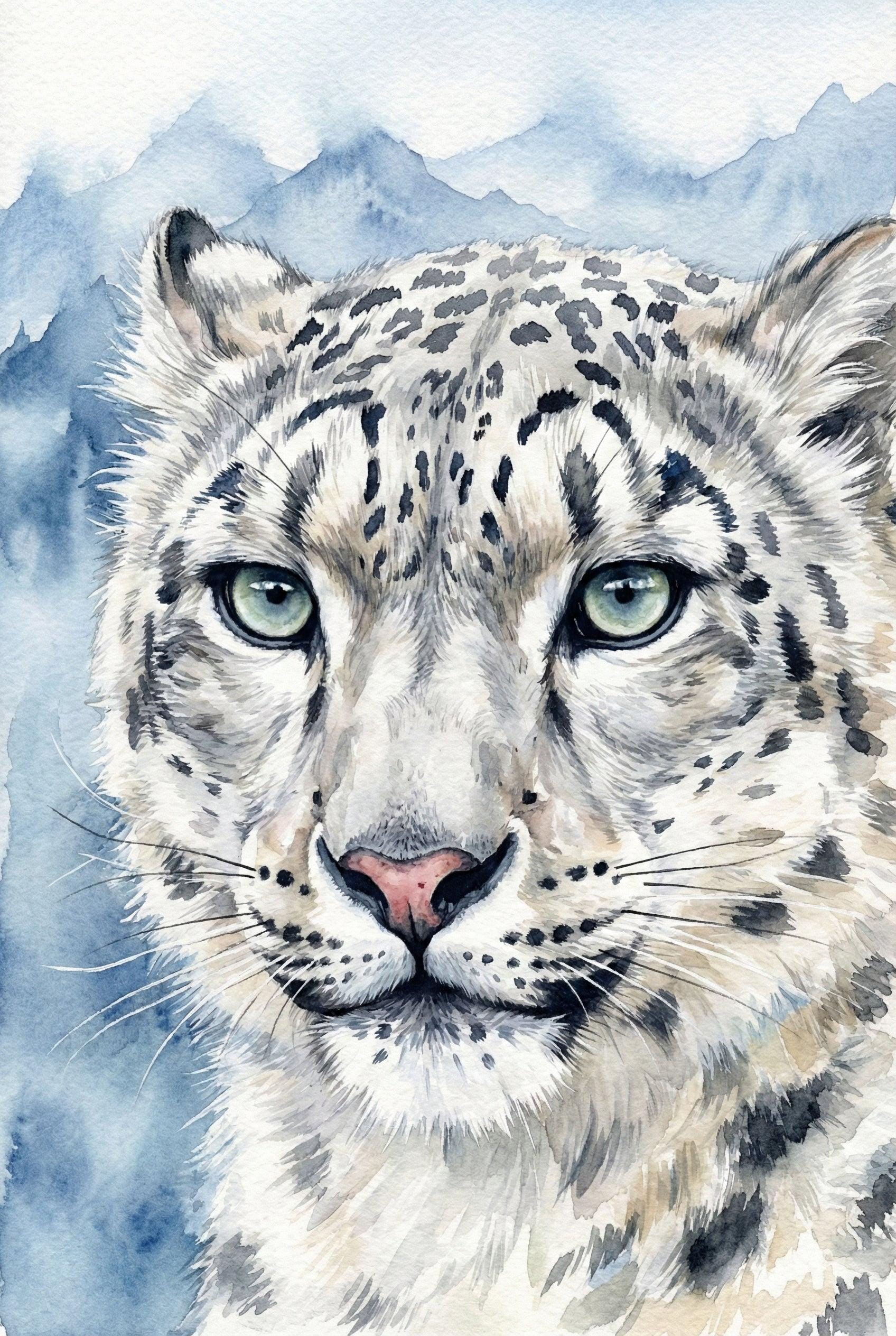 Snow Leopard Playroom Wall Art, Watercolor Animal Nursery Decor