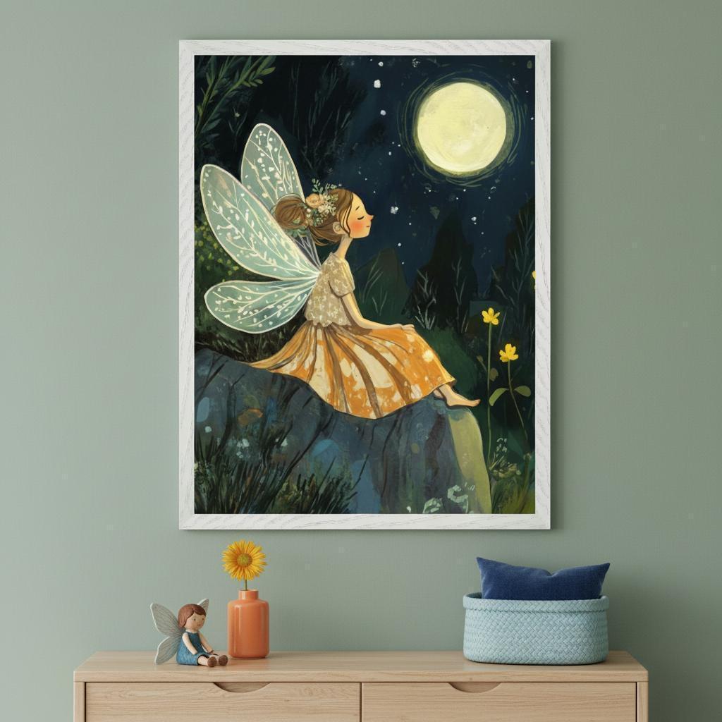 Winged Fairy Under the Moon Wall Art, Enchanted Forest Nursery