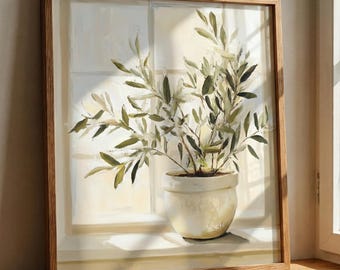 Olive Tree Botanical Watercolor Style Wall Art, Olive Branch Decor, Mediterranean Home Decor, Minimalist Plant Print, Farmhouse Kitchen Art