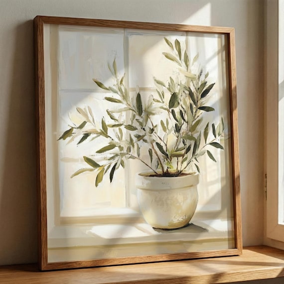 Olive Tree Botanical Watercolor Style Wall Art, Olive Branch Decor, Mediterranean Home Decor, Minimalist Plant Print, Farmhouse Kitchen Art