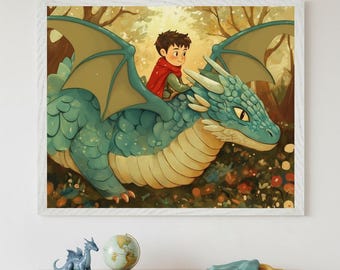 Boy and dragon wall art, fantasy nursery decor, whimsical forest illustration, blue dragon poster, magical adventure print, storybook decor