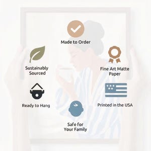 a person holding a framed picture, with various descriptions of the picture's features and benefits.