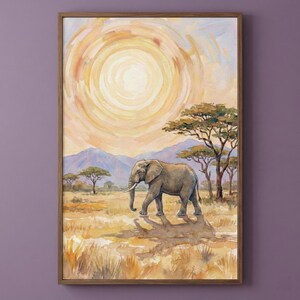 Pode incluir: Pintura em aquarela de uma cena da savana africana. Um grande elefante caminha em primeiro plano, com árvores e montanhas ao fundo. O sol é um círculo brilhante no céu, emoldurado em uma moldura de madeira.