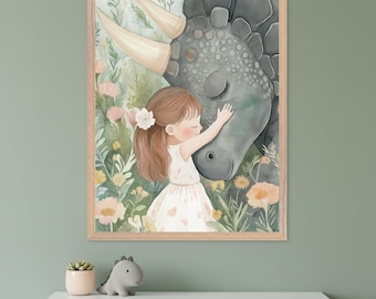 Little Girl Whimsical Dinosaur Wall Art, Triceratops Nursery Decor, Watercolor Girl and Dinosaur Print, Soft Floral Boho Kids Room Decor