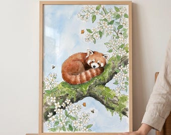 Mossy Branch Red Panda Wall Art, Whimsical Forest Animal Print, Red Panda Nursery Decor, Watercolor Nature Art, Cottagecore Animal Decor