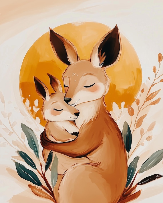 Kangaroo and Joey Watercolor Nursery Art Wall, Australian Animal