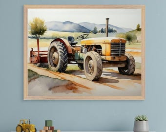 Vintage Tractor Watercolor Aesthetic Wall Art, Farmhouse Decor Print, Rustic Country Landscape Illustration, Agriculture Machinery Decor