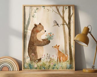 Woodland Bear and Fox Watercolor Nursery Art Wall, Forest Animal Illustration, Baby Shower Gift, Whimsical Forest Decor, Boho Nursery Print