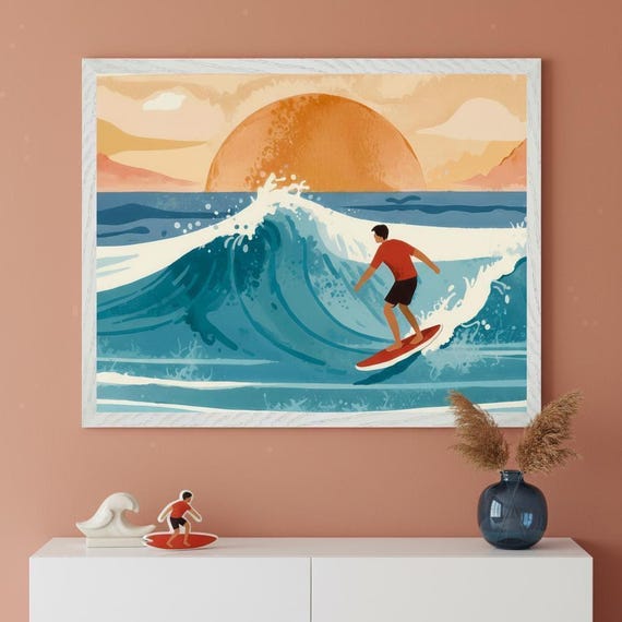 Surfer Retro Wall Art, Vintage Surf Illustration, Ocean Wave