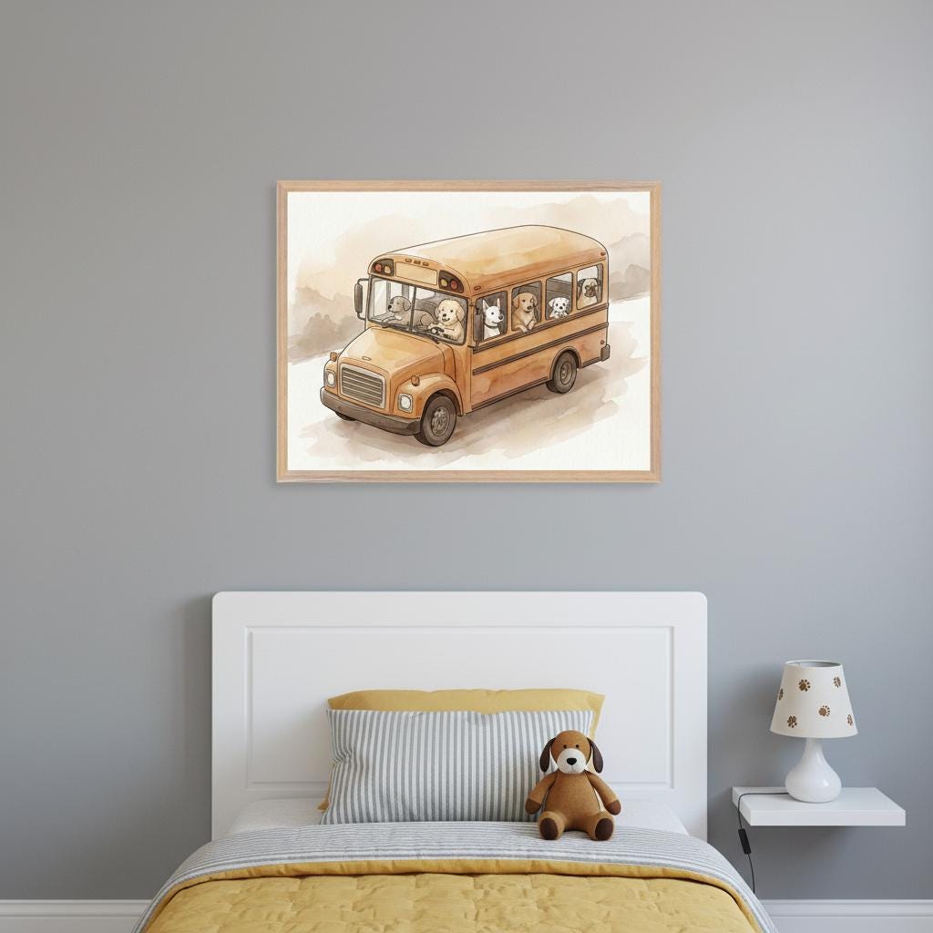 Dogs on School Bus Watercolor Art Style Print, Puppy Nursery Wall