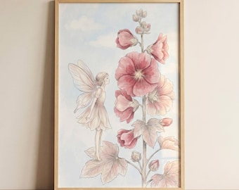 Pink Hollyhock Garden Fairy Wall Art, whimsical nursery decor, cottagecore sprite art, botanical flower fairy print, magical garden poster