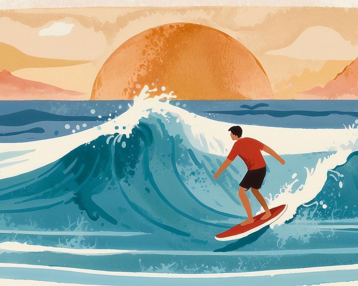 Surfer Retro Wall Art, Vintage Surf Illustration, Ocean Wave