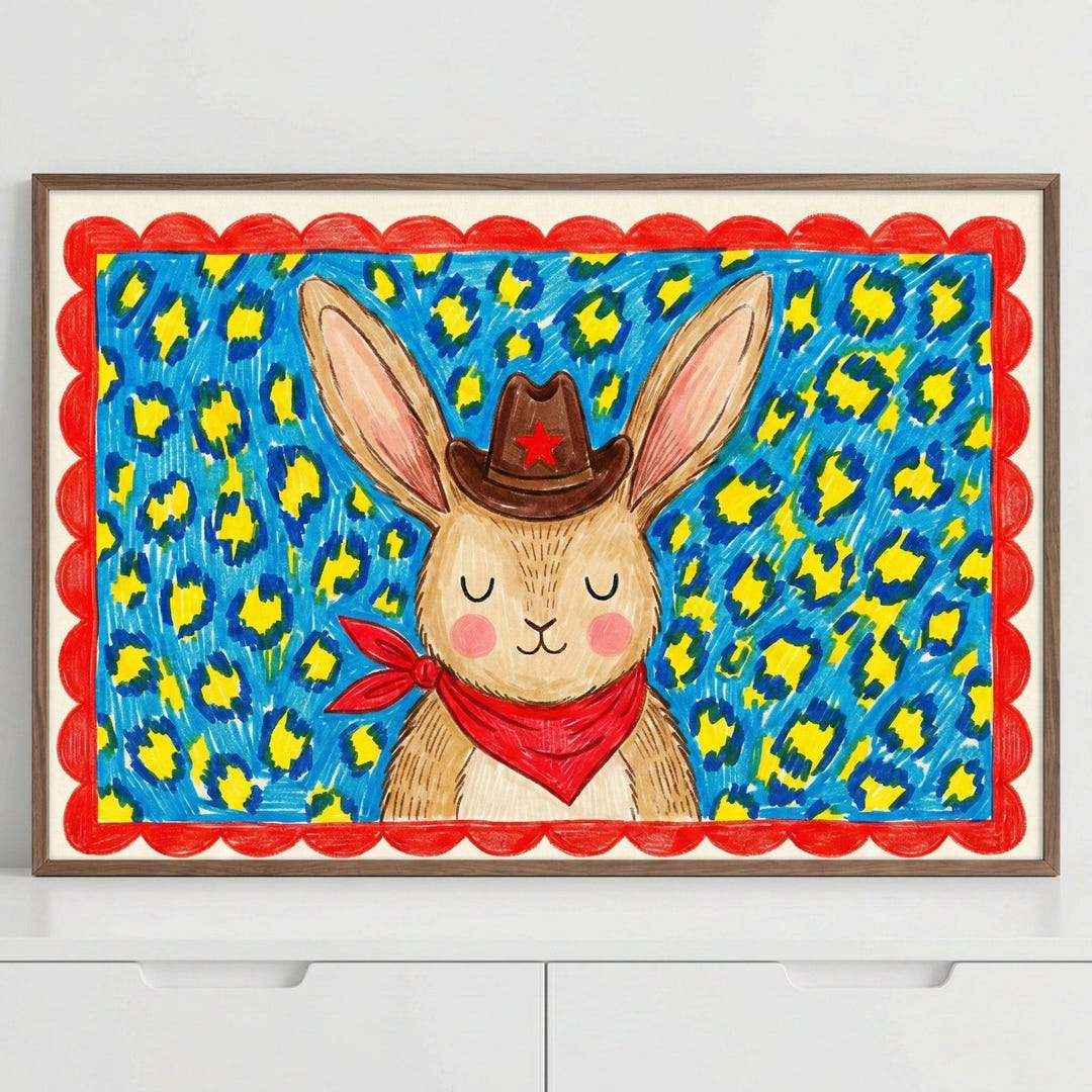 Cowboy Rabbitfolk Cowboy Rabbit Whimsical Marker Illustration Wall Art, Western Bunny ...