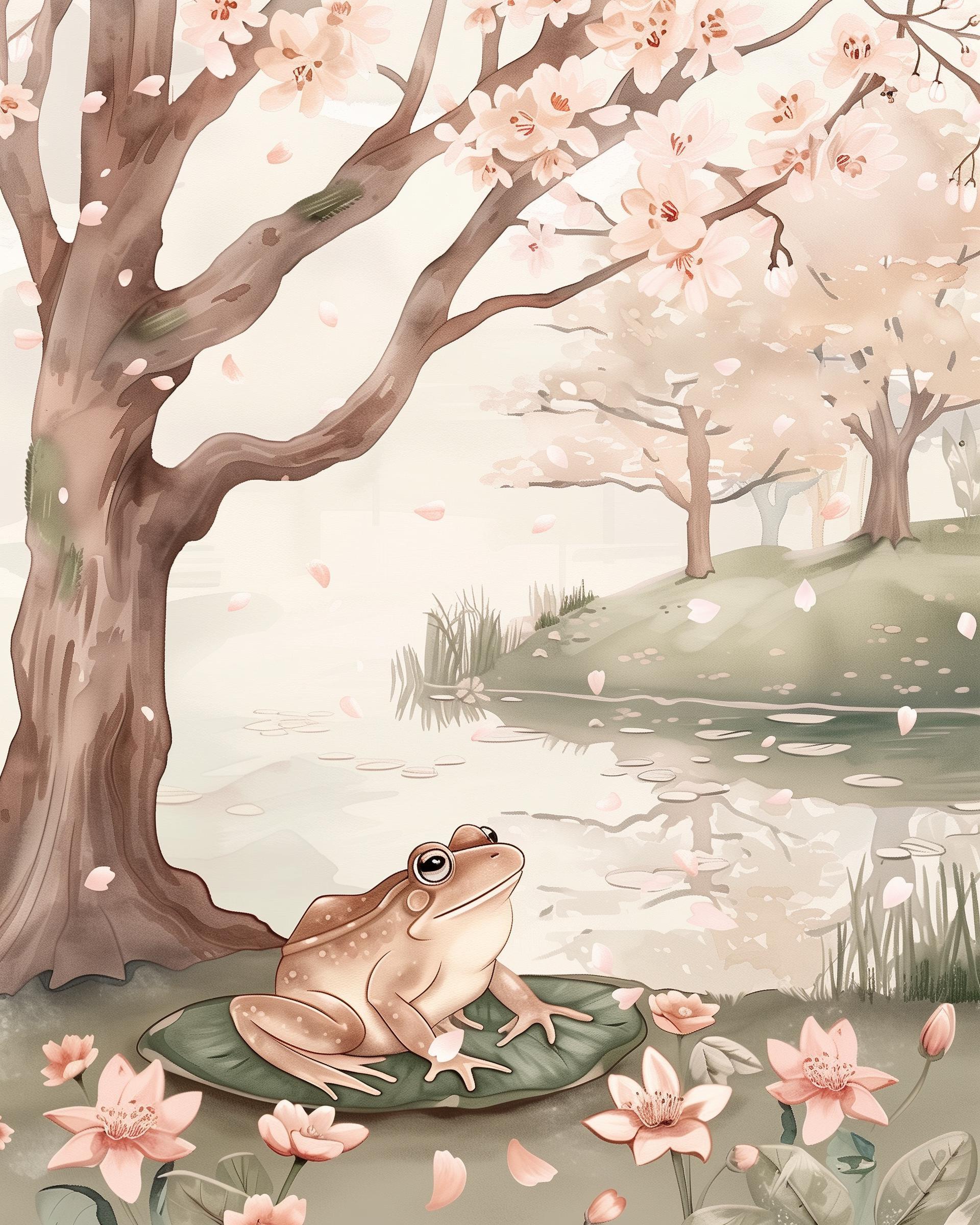 Wall Art of Frog Sitting on A Lily Pad, Cherry Blossom Nursery