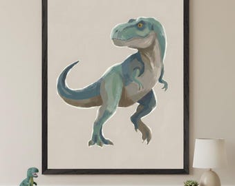 T Rex Dinosaur Textured Illustration Wall Art, Nursery Dinosaur Print, Tyrannosaurus Rex Poster, Kids Room Wall Decor, Blue Dinosaur Art