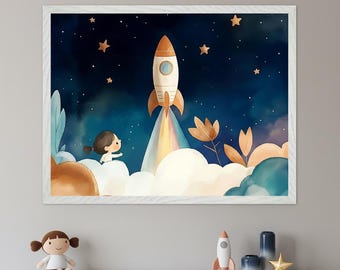 Rocket Ship Watercolor Wall Art, Outer Space Nursery Decor, Whimsical Starry Sky Print, Celestial Kids Room Art, Little Girl Space Art