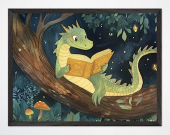Forest Dragon Wall Art, Whimsical Reading Dragon Canvas, Kids Nursery Framed Decor, Magical Woodland Fantasy Poster