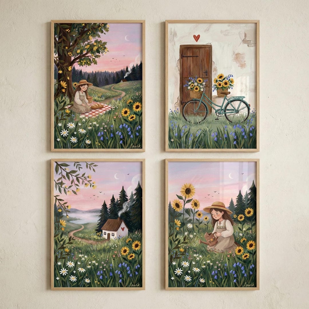 Cottagecore Nursery Wall Art Set of 4, Whimsical Wildflower Meadow ...