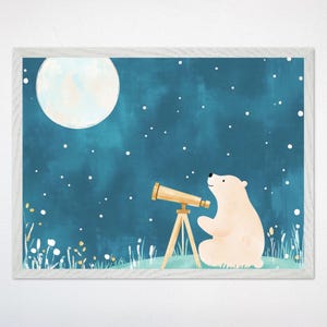 Bear Wall Art, Whimsical Nursery Decor, Moon and Stars Bear Canvas, Neutral Kids Room Poster
