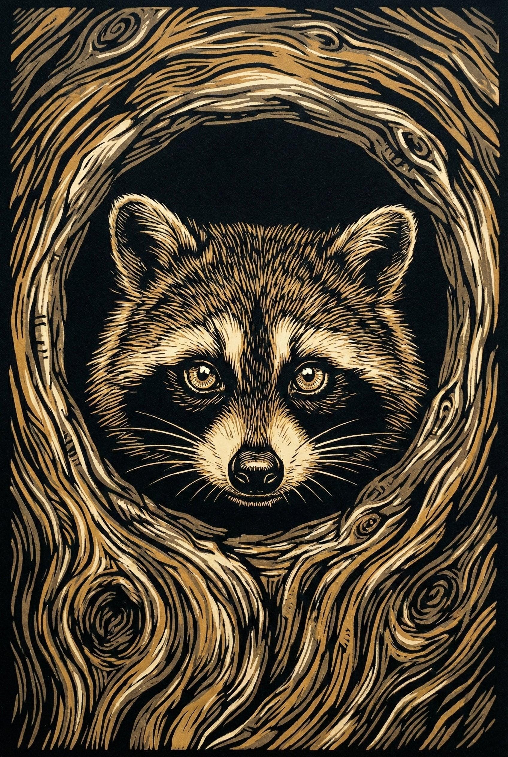 Curious Raccoon Wall Art, Woodcut Style Forest Animal Decor