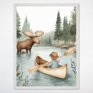 Arte mural de aventura en el lago de los alces del bosque, lienzo decorativo para guardería, póster enmarcado de alces para habitación infantil, obra de arte inspirada en la naturaleza.