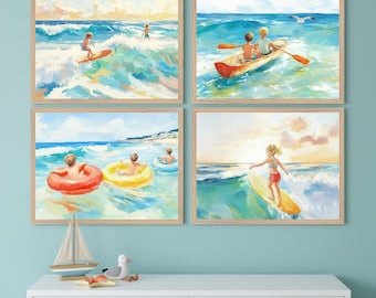 Coastal Beach Kids Wall Art - Set of 4, Nautical Nursery Decor, Ocean Surfing Illustration, Summer Vacation Prints, Coastal Playroom Art