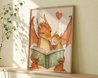 Baby Dragon Cuddling During Storytime Wall Art, whimsical nursery decor, dragon family illustration, kids room art, book nook print