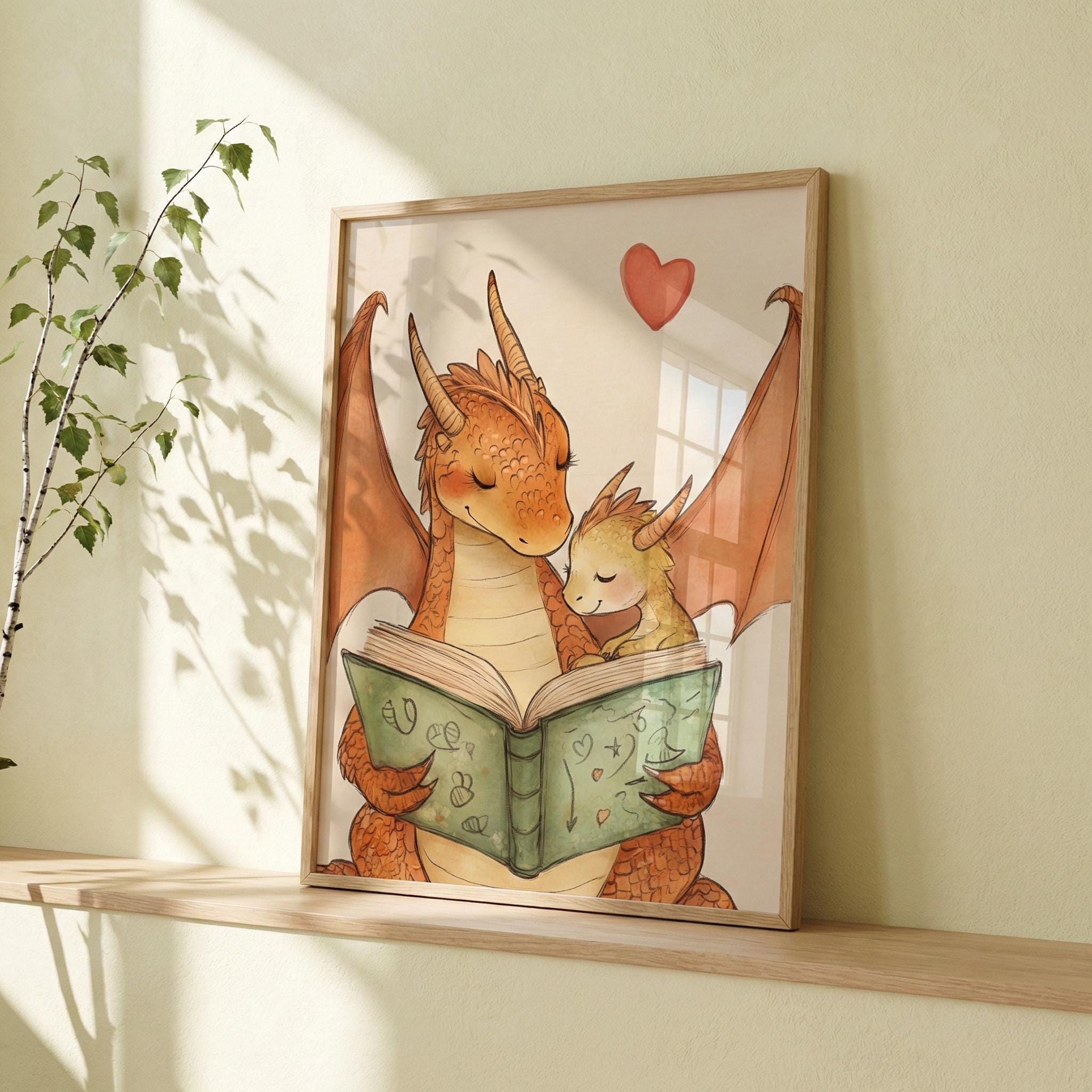 絵画 the baby dragon for peace Satomi M Baby Dragon Cuddling During Storytime Wall Art, Whimsical Nursery