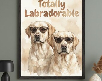 Labrador Retriever Watercolor Art Wall, Funny Dog With Sunglasses Poster, Yellow Lab Puppy Decor, Labradorable Pun Print, Dog Lover Gift