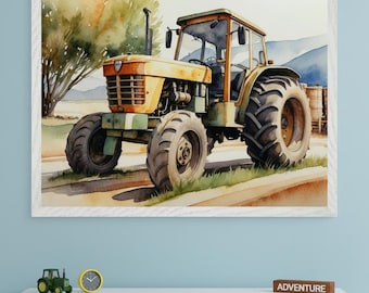 Tractor Watercolor Illustration Wall Art, Farmhouse Nursery Decor, Vintage Yellow Tractor Print, Farm Vehicle Wall Decor, Boys Room Poster