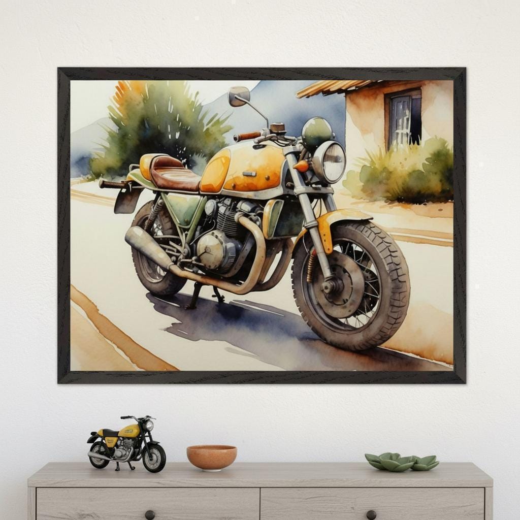 ヴィンテージ ペイントアート Vintage Motorcycle Vibrant Colors Wall Art, Retro Cafe Racer