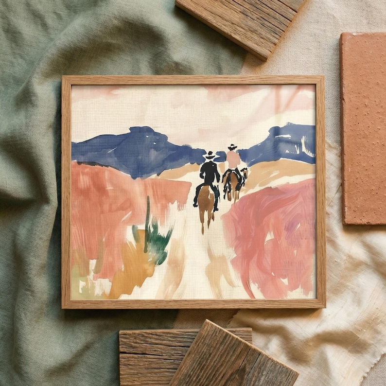 Western Cowboy Wall Art, Desert Landscape Print, Southwestern Decor, Horse Rider Illustration, Abstract Boho Poster, Ranch House Decor afbeelding 8
