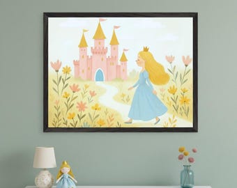 Princess and Pink Castle Whimsical Pastel Wall Art, girl nursery decor, fairy tale illustration, kids room print, storybook art