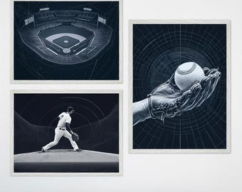 Baseball Wall Art For Kids Room - Set Of 3, Boys Bedroom Decor, Navy Blue Sports Prints, Pitcher Stadium Glove Art, Sports Nursery Decor