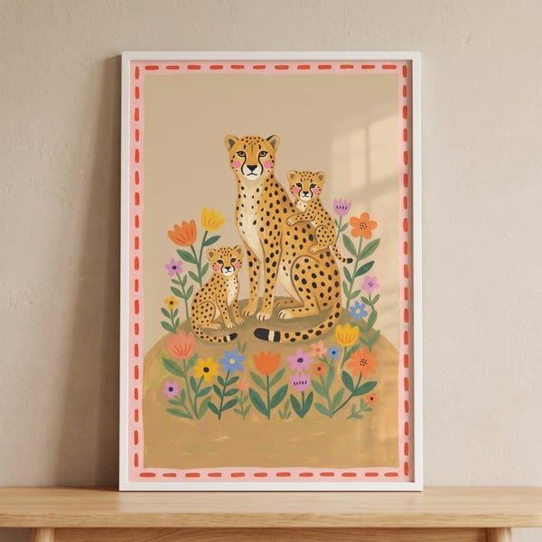 Folk Floral Mother Cheetah Wall Art, Whimsical Safari Nursery Decor, Cheetah Cub Family Print, Jungle Animal Illustration, Boho Kids Art