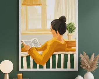 Woman Reading Book Warm Yellow Aesthetic Wall Art, Cozy Cottagecore Decor, Book Lover Gift, Girl Reading Illustration, Sunlight Window Art