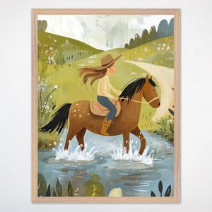 Kunstprint cowgirl en paard: westerse kinderkamer, meisjeskamerdecoratie