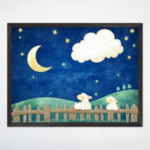 Bauernhof Schaf Kinderzimmer Wandbild, Mond und Sterne Leinwand, Gender-neutrale Leinwand für Kinderzimmer, Blauer Nachthimmel Poster