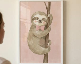Pink Bow Tie Sloth Wall Art, Girl Nursery Decor, Watercolor Animal Illustration, Cute Sloth Print, Pink Baby Room Decor, Boho Nursery Art