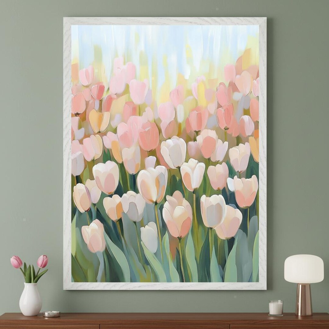 Tulip Garden Pastel Pink Wall Art, Abstract Floral Spring Decor, Soft ...