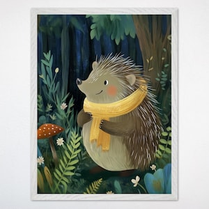 Arte mural de erizo (lienzo o póster enmarcado), decoración infantil de bosque, lámina de setas y flores silvestres para habitación infantil, Wanderlight Woods