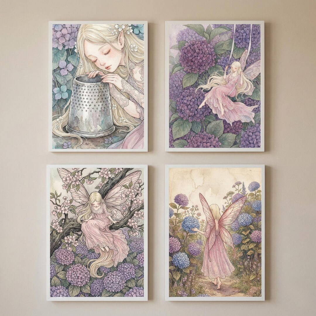 Fairy Girls Room Wall Art Set of 4, Whimsical Hydrangea Art ...