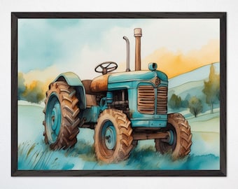 Vintage Tractor Rustic Farmhouse Decor Wall Art, antique blue tractor print, watercolor farm landscape art, old machinery nursery decor